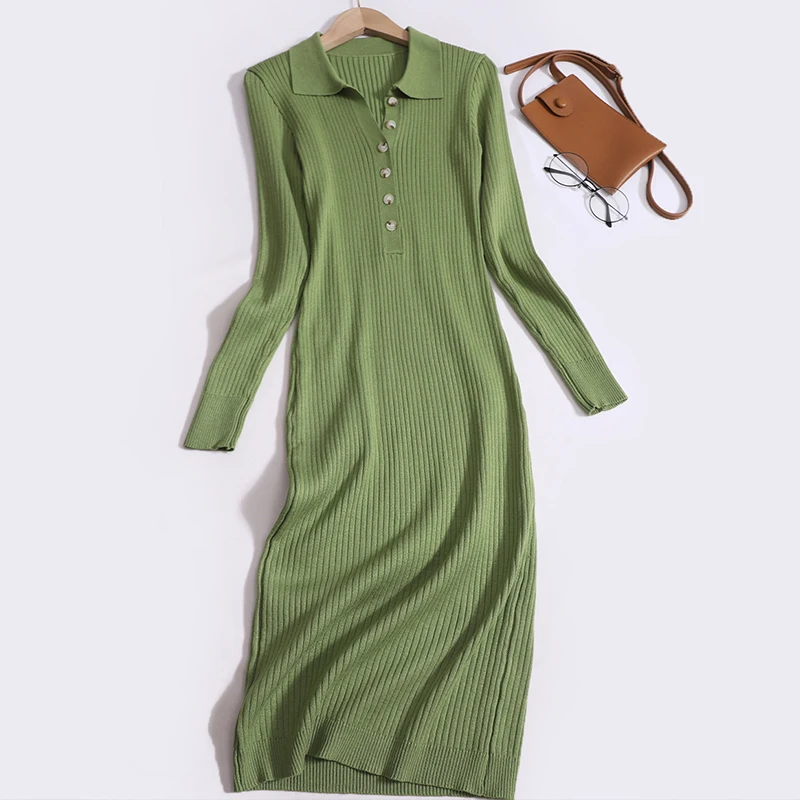 

Женское винтажное трикотажное платье-свитер, элегантное облегающее длинное платье с лацканами, осень