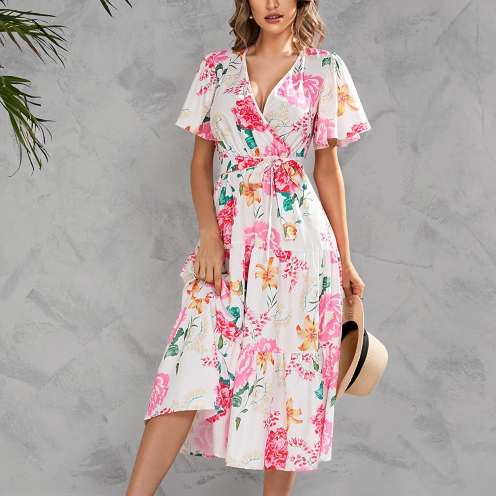 

Fashion Butterfly Sleeve Summer Floral Dress Women Casual V-Neck Sashes Ruffles Midi Dress 2023 New Female Vintage Party Dress