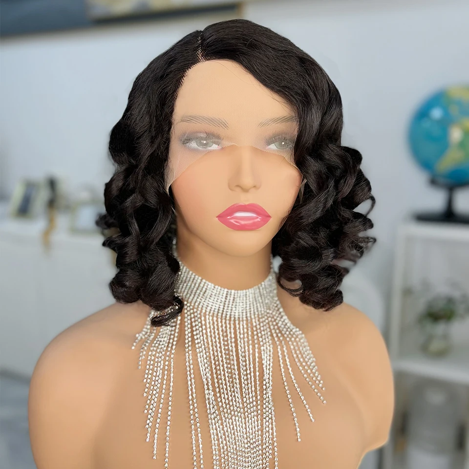 

Надувные вьющиеся человеческие волосы парики розовые завитки Funmi боб парик бразильская боковая часть кружева Асимметричный парик для женщин парик человеческие волосы