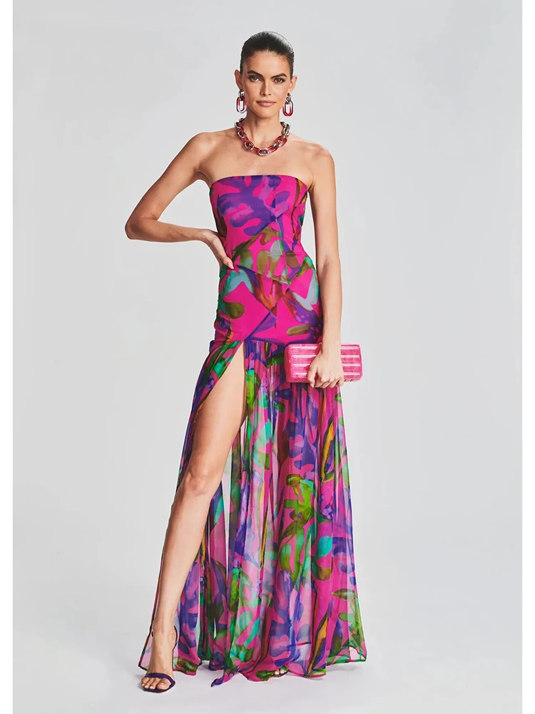 HIGH STREET Newest 2023 Fashion Stylish Designer Women's Sexy Tube Strapless  Printed Slit Long Dress