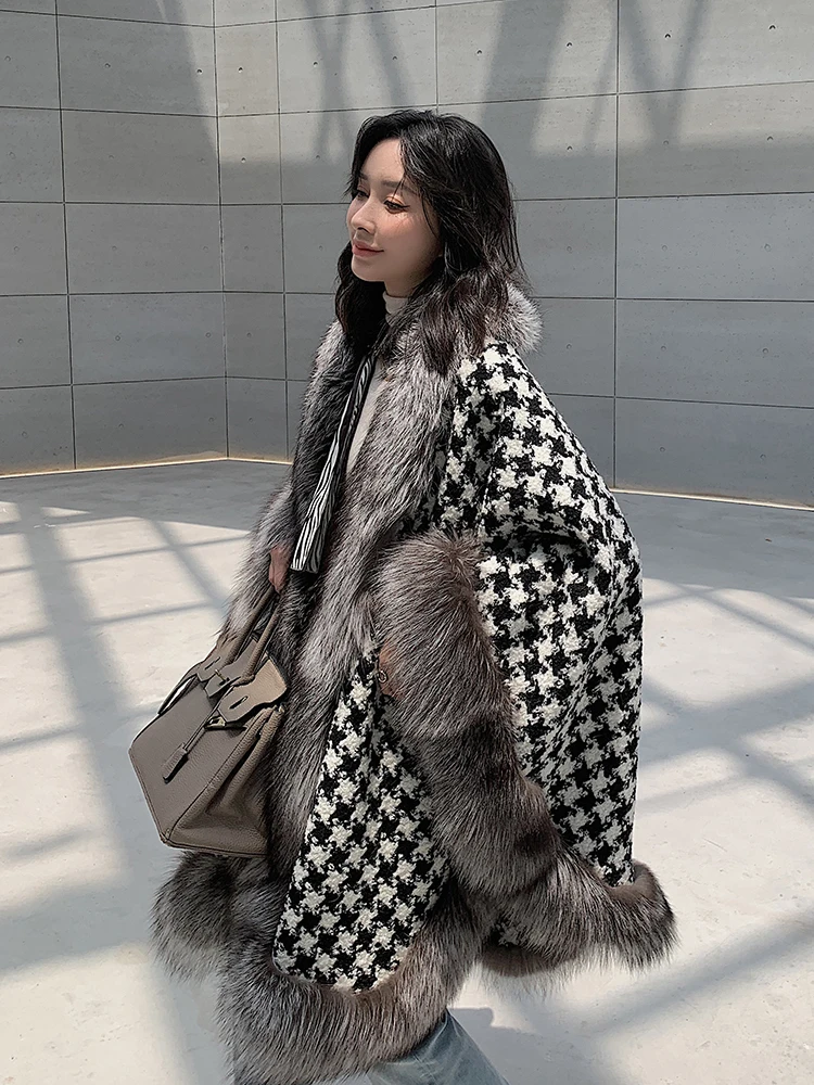 Silver Genuine Fox Fur Collar Tweed Shawl Coat Women Winter New Real Fur Cloak Warm Houndstooth Woman Jacket enlarge