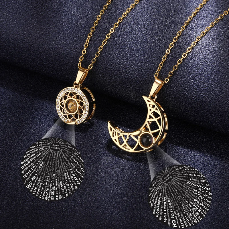 

Zirconia Sun Moon Necklace Set Glow Projection 100 Language I Love You Statement Necklaces For Women Gifts Jewelry Bijoux Femme