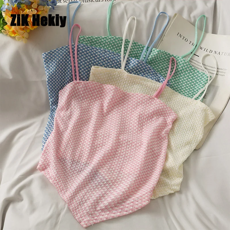 

Zik Hekiy Women Summer Plaid Slim Fit And Thin Short Cropped Camisole Women New Style With Sweet Apron Sexy Vest Top