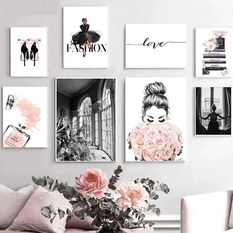 

Pink Fashion Perfume Building Posters And Prints Black And White Beauty Canvas Painting Living Room Home Decor Wall Art Pictures