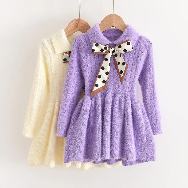 

Winter Girls Knit Sweater Dress Autumn Winter Bow Fashion Small Turn-down Collar Solid Dress 1-10T Children Clothing Warm Kids