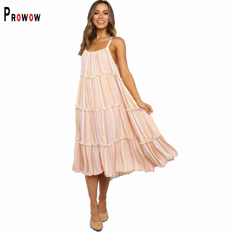 

Женское платье средней длины Prowow, розовое платье в полоску на бретелях-спагетти с оборками, летняя одежда, 2022