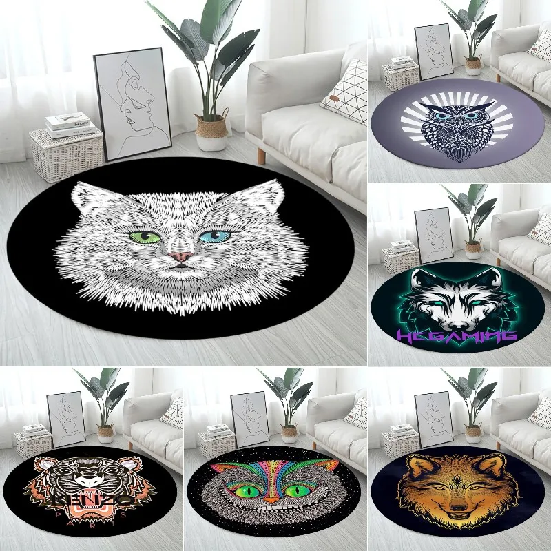 

3D Cat Wolf Owl Lion Animal Cartoon Round Carpet Floor Mat, Area Rug for Bedroom Living Room Chair Non-Slip,children Play Rug