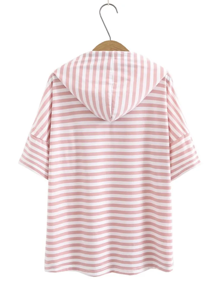 Футболка женская с капюшоном и карманами Модный повседневный топ в полоску