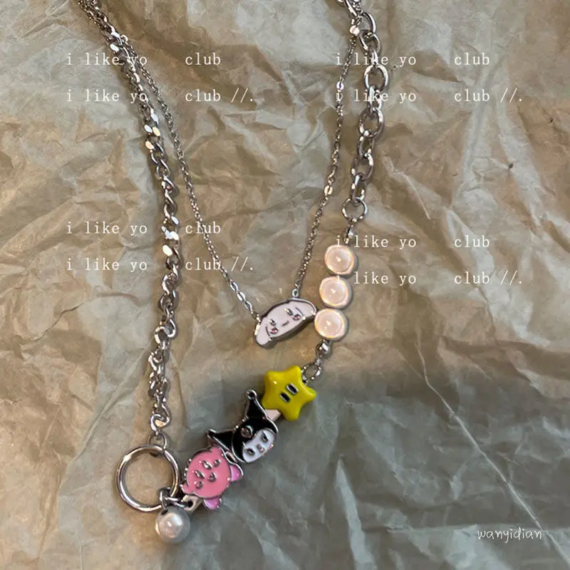 

Kuromi Cinnamoroll My Melody Anime Cartoon Necklace Collarbone Chain Y2k Cool Babes Double Layer for Girls Female Birthday Gift