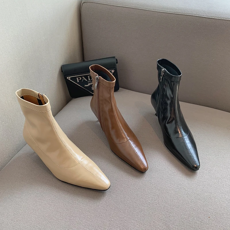 

Fashion Women Ankle Boots Stretch Shoes Thin Mid Heels Side Zipper 2022 New Arrivals Black Brown Khaki Short Ankle Booties 35-39