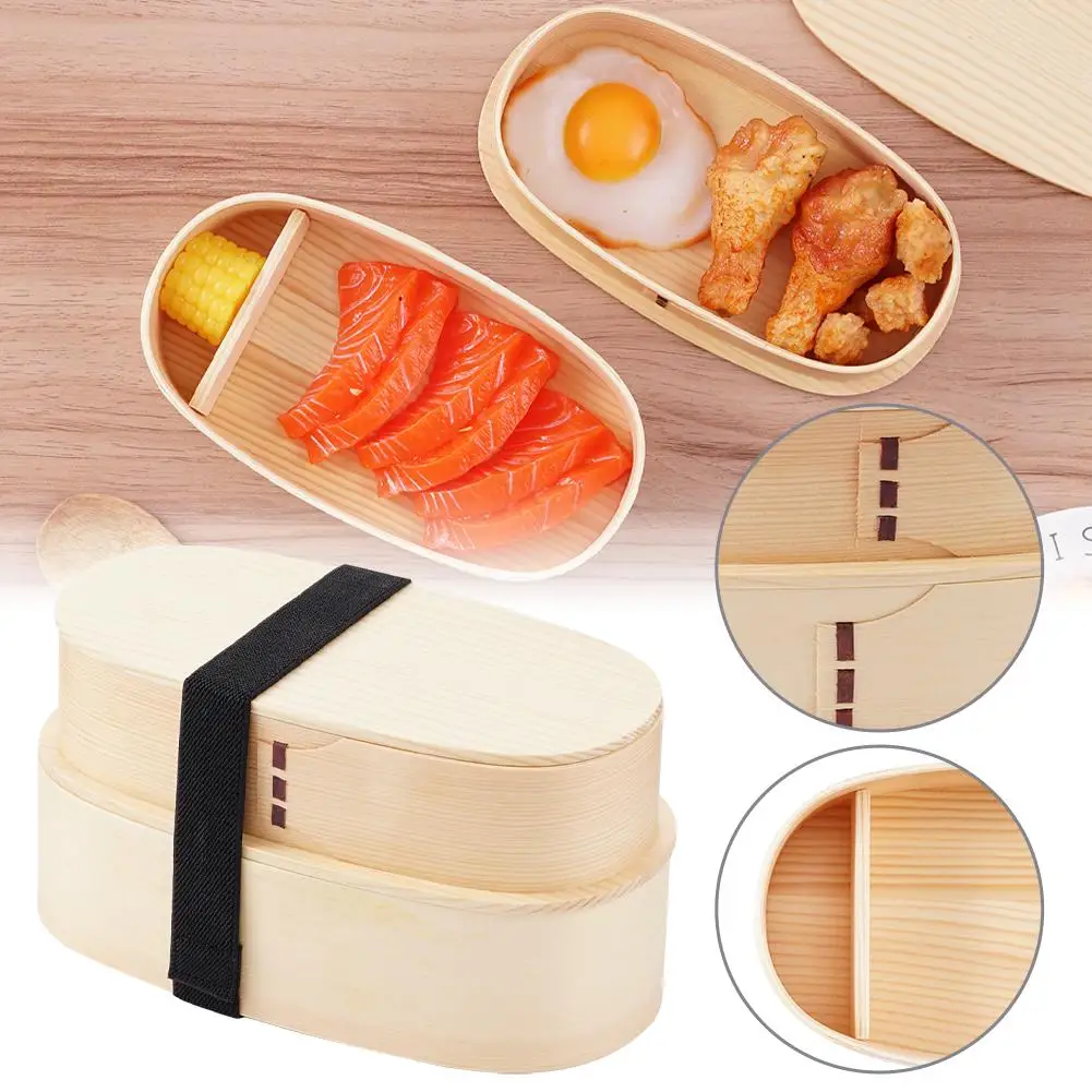 

1L Double-layer Two Grids Bento Box Student Divided Box Box Strap Chopsticks Sushi Lunch Box Wooden Bento Kids Lunch With H2R8