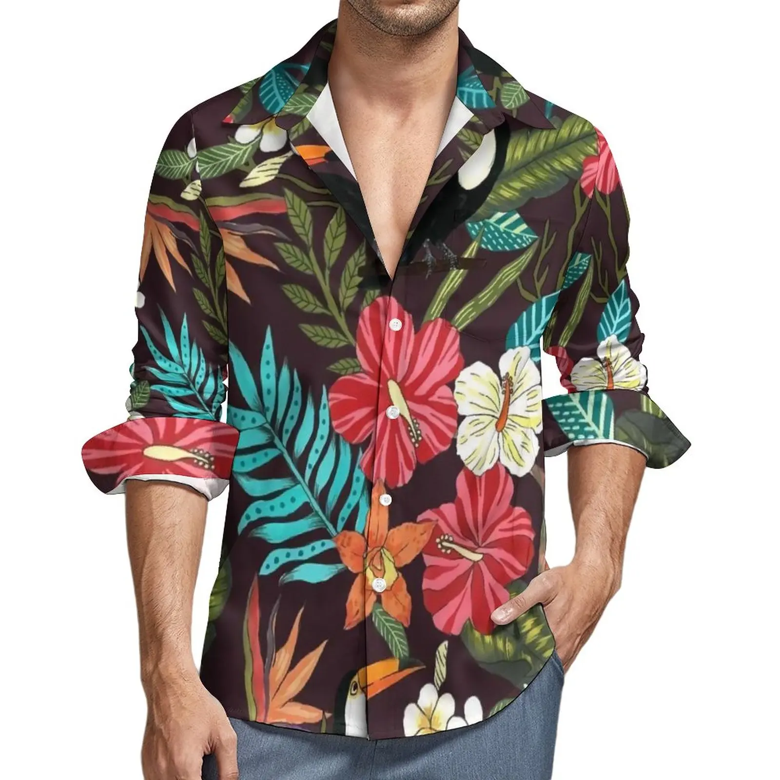 

Рубашка с цветным цветочным принтом, Повседневная Блузка с тропическим цветочным принтом, с птичьими листьями, дизайнерские стильные блузки с длинным рукавом, Осенний Свободный Топ оверсайз