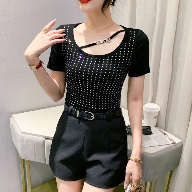 #5552 футболка с коротким рукавом женская сексуальная клубная Футболка со стразами