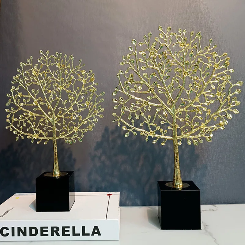 

Creative Metal Crystal Simulation Golden Tree Golden Leaf Black Base Desktop Ornament Metal Crafts Modern Home Decor Accessories