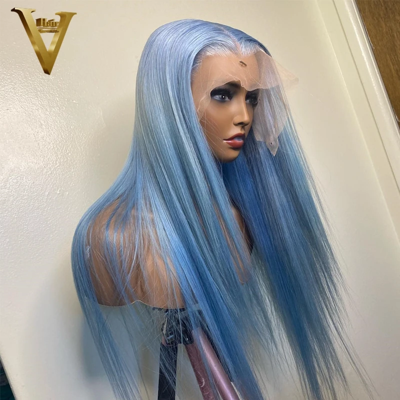 Парик женский прямой из натуральных волос светло-голубого цвета 30 дюймов 13x4