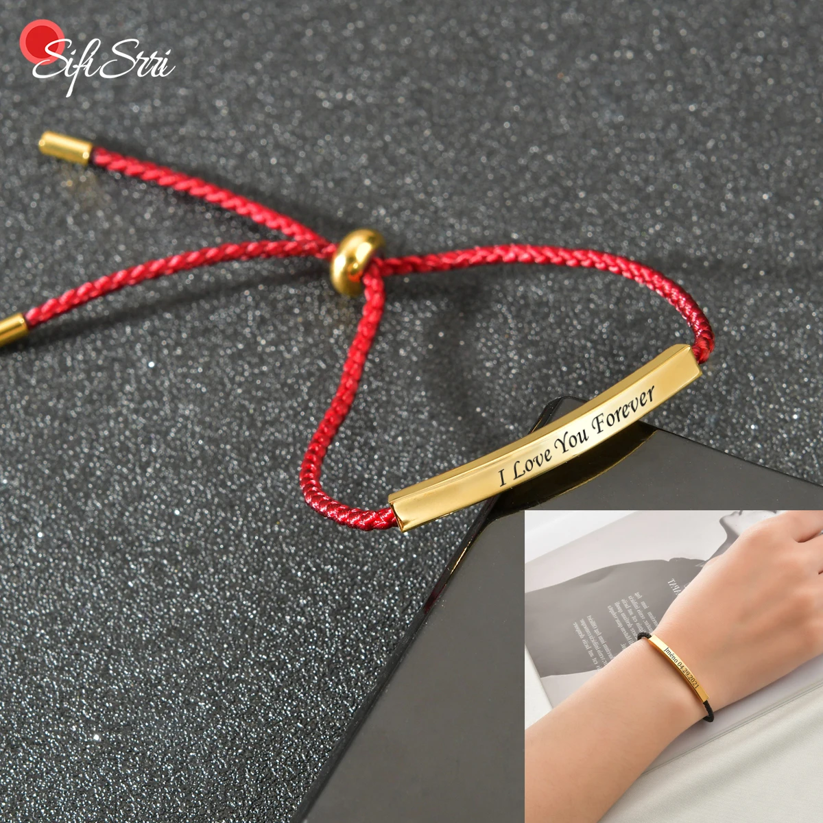 

Sifisrri Personalized Engrave Name Date Braided Rope Bracelet For Women Stainless Steel Adjustable Chain Unisex Jewelry Gift