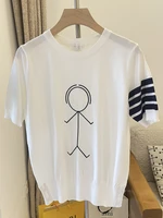tb four bar cartoon stickman ice silk round neck knitted t shirt top student wild loose summer knitted sweater