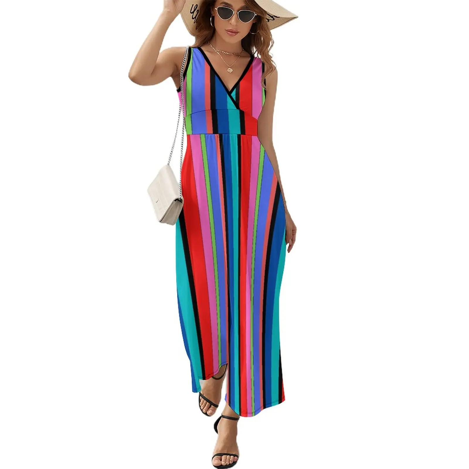 

Colorblock Print Dress Rainbow Pinstripe Cute Maxi Dress V Neck Design Bohemia Long Dresses Street Wear Big Size Clothes