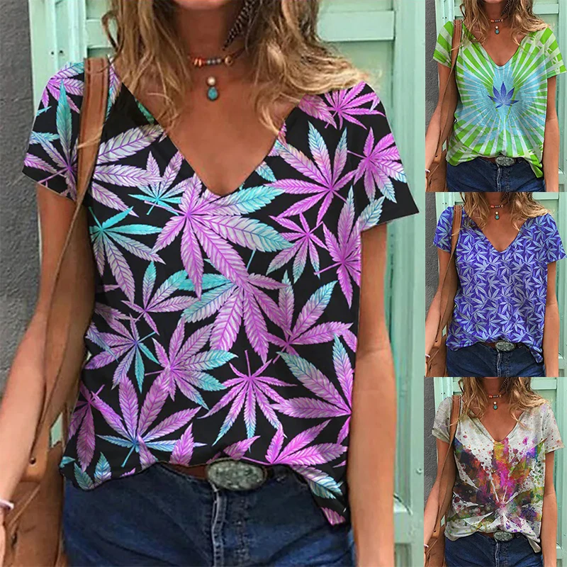 

Women's Floral Themed Painting T-Shirt Leaf Print Short Sleeve T-Shirt Summer V-Neck Basic Plus Size Top / 3D Printing 2022