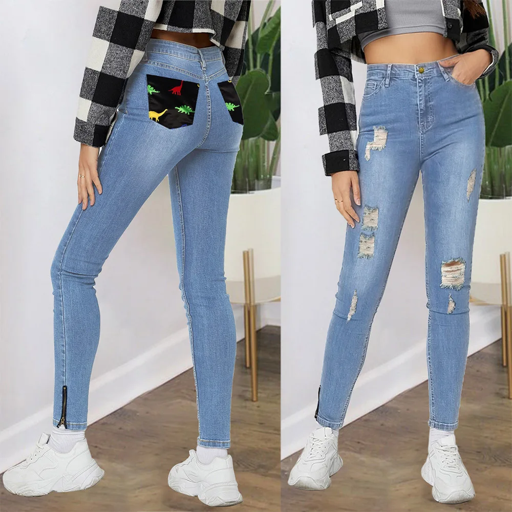 

Streetwear Jeans Long Pants Slim Pockets Trousers Ripped Hole High Waist Jeans Women Daily Life Fake Zippers Pencil Denim Pants