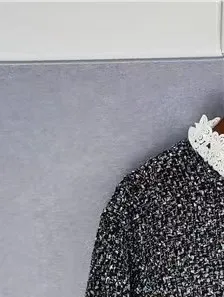 

Women Lace Ruffled Tweed Puff Sleeve Sequins Dress