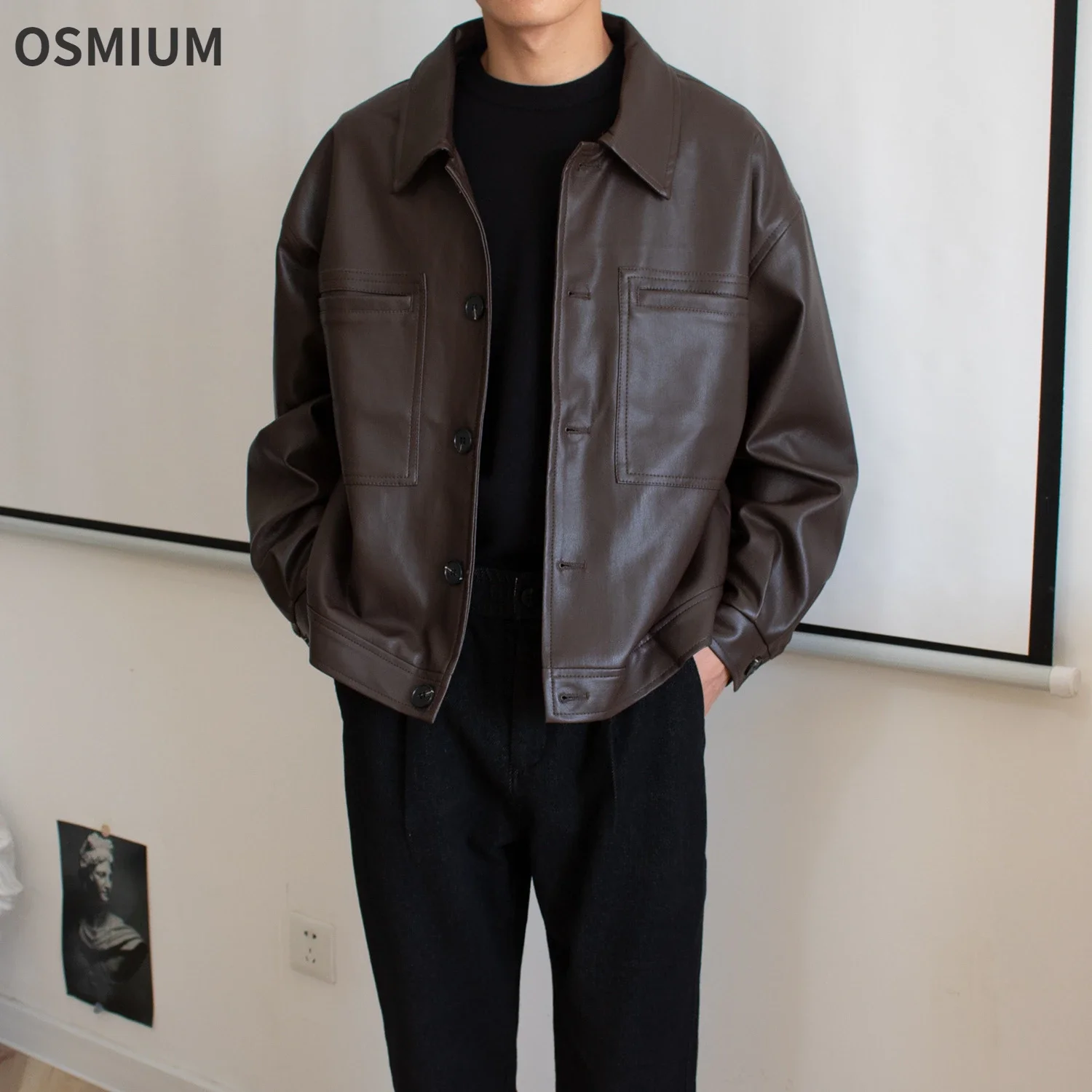 Мужская свободная куртка из искусственной кожи короткая мотоциклетная кожаная в