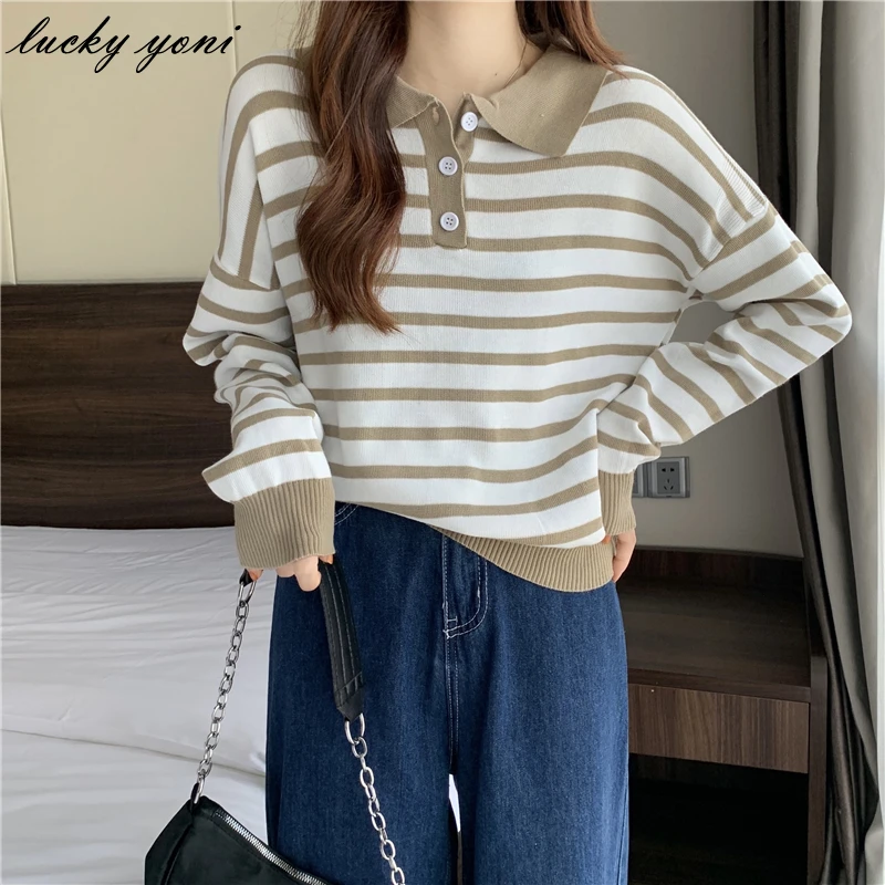 

Yoni Vintage Loose Knitted Sweater Women Spring Korean Polo Collar Striped Pullovers Female Casual All-match Long Sleeve Jumpers