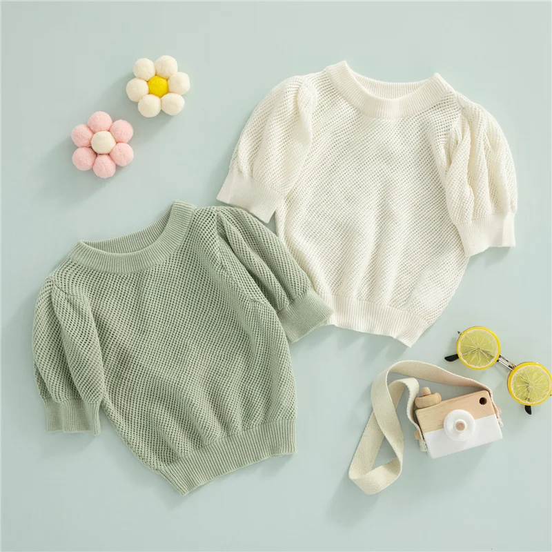 

Toddler Baby Girls Casual T-shirt Tops, Solid Color Short Sleeve Hollow-Out Loose Knitted Blouse, 0-3Years