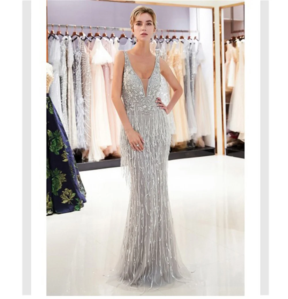 2022 Women Elegant Gown Sexy Shiny Sequins Tassel Deep V-neck Spaghetti Sleeveless Backless Bodycon Fashion Evening Dresses
