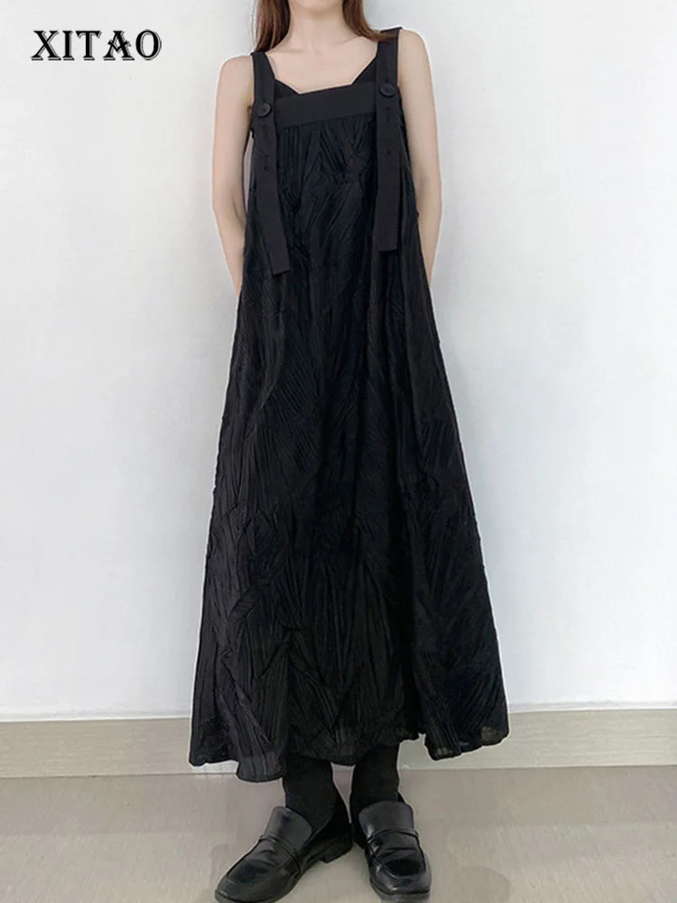

XITAO Black Women Dress Strapless Sleeveless Backless 2022 Summer Minority Thin Elegant Loose Pullover Pleated Dress ZY7158