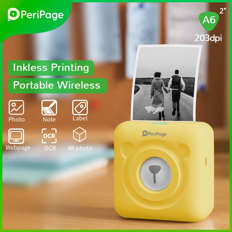 

PeriPage A6 203Dpi Portable Thermal Bluetooth Printer Yellow Photo Receipt Wireless Label Mini Printer for Android IOS Mobile