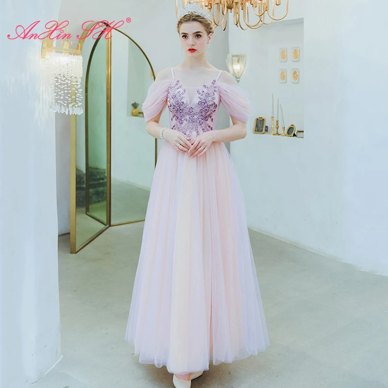 

AnXin SH принцесса розовый цветок кружева вечернее платье винтажное вырез лодочкой бисером кристалл Иллюзия невесты ТРАПЕЦИЕВИДНОЕ вечернее платье 916