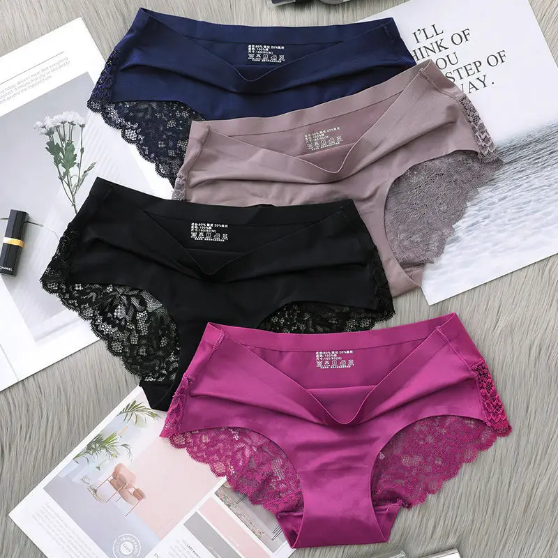 Ice Silk Panties Women's Mid-waist Traceless Lace Pure Cotton Antibacterial Sexy Breathable Ultra-thin Little Women's Briefs