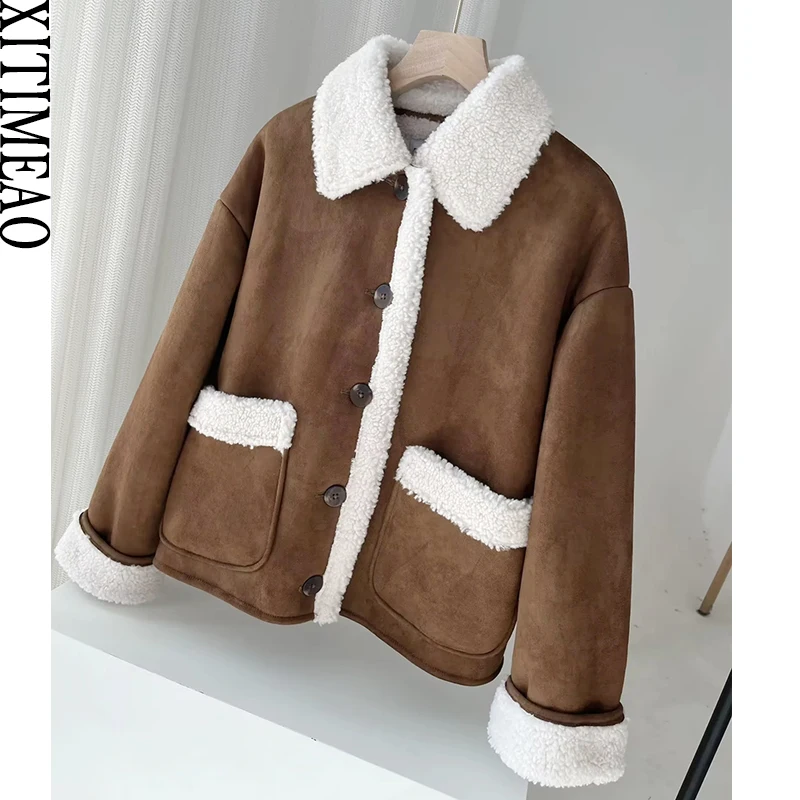 

Women Fashion Thick Warm Faux Lambhair Shearling Jacket Coat Vintage Long Sleeve Patch Pockets Female Outerwear Chic Tops