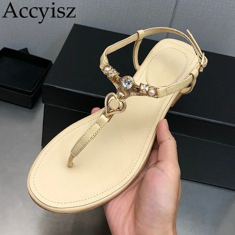 

New Summer Crystal Flipflops Women's Genuine Leather Sandals Metal buckle Sandalias Vacation beach shoes Flat Shoes Casual Shoes