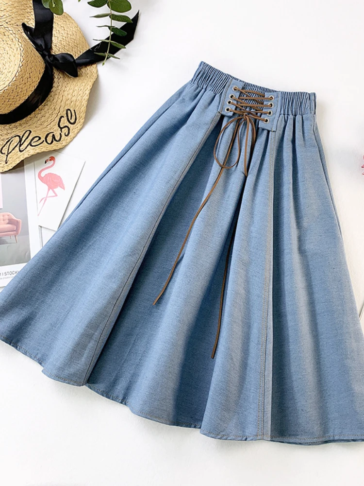 Spring and Summer New High-waisted Half-length Denim Skirt Women's Mid-skirt Is Thin A-line Large Swing Skirt Temperament