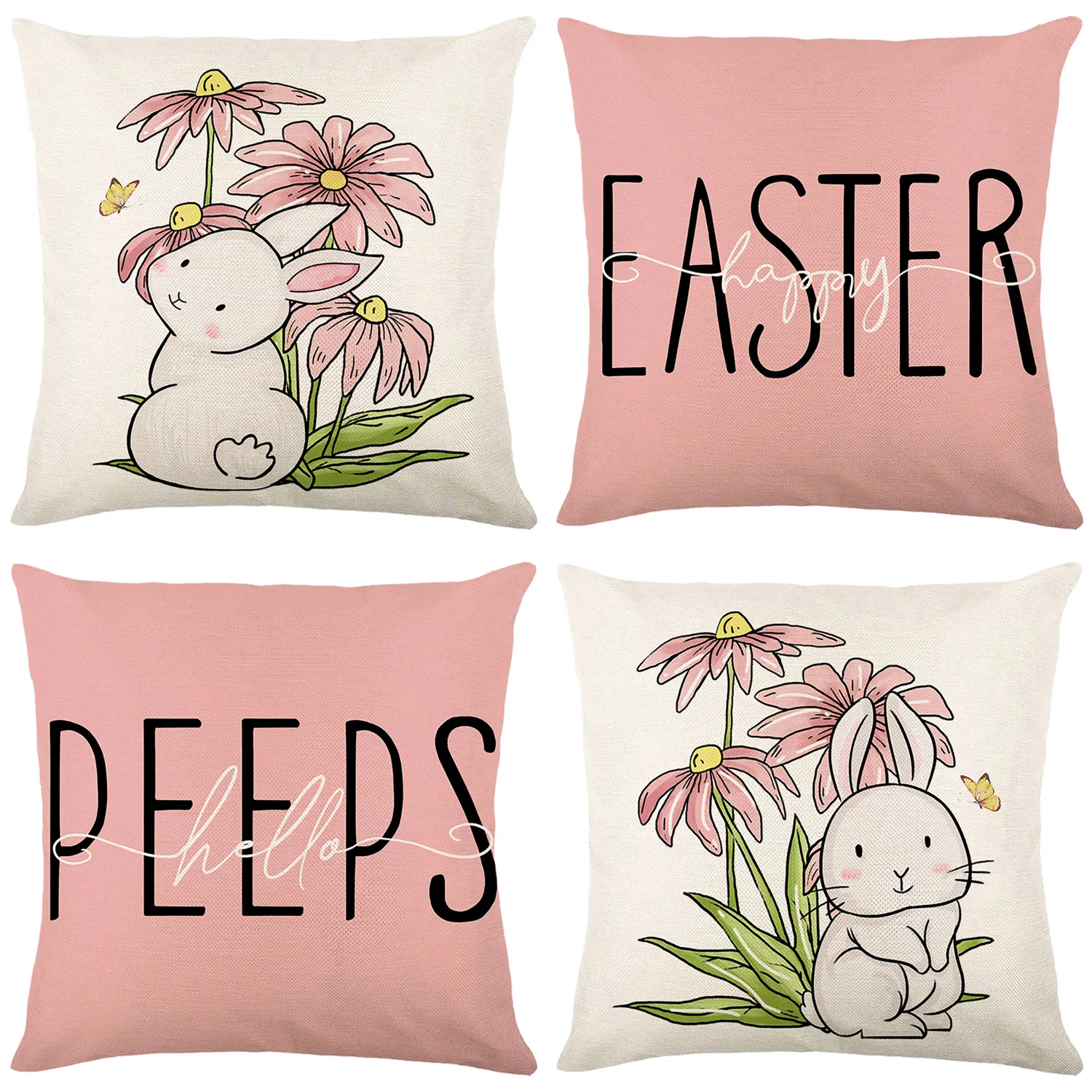 

2023 New Easter Pink Cartoon Rabbit Hold Pillowcase Square Linen Home Alphabet Print Pillowcase Cute Animal Family Pillowcase