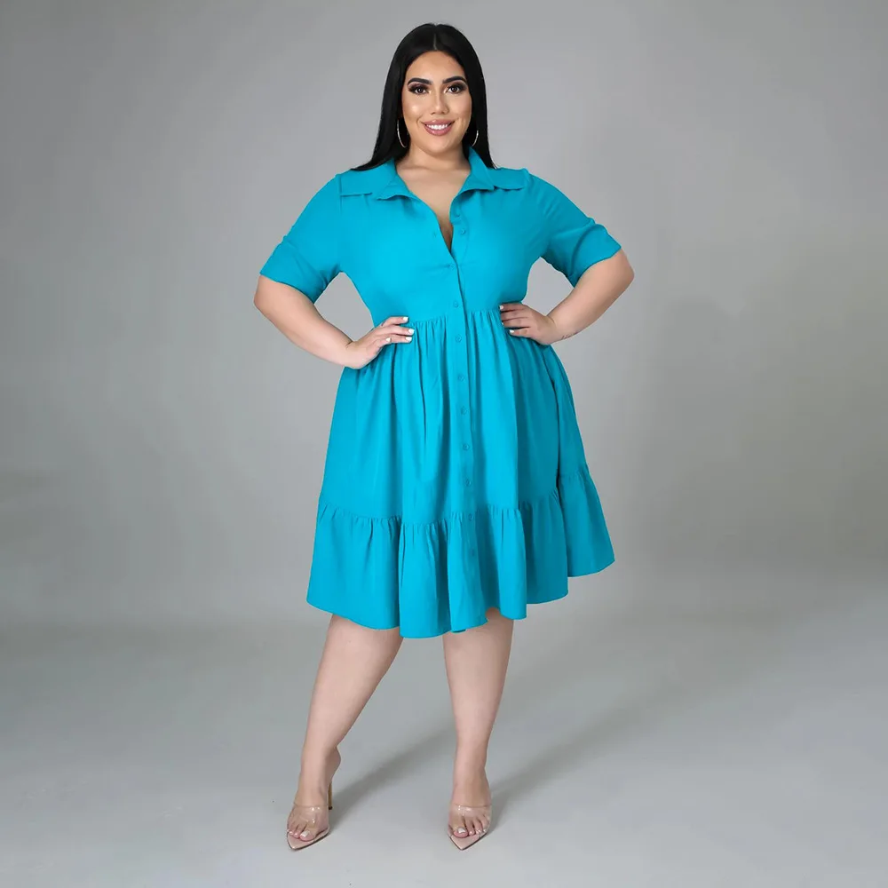 Women Plus Size Clothing Solid Color Ladies Short Sleeve Shirt Dress Fashion Casual Orange Light Blue Black L-5XL Oversized