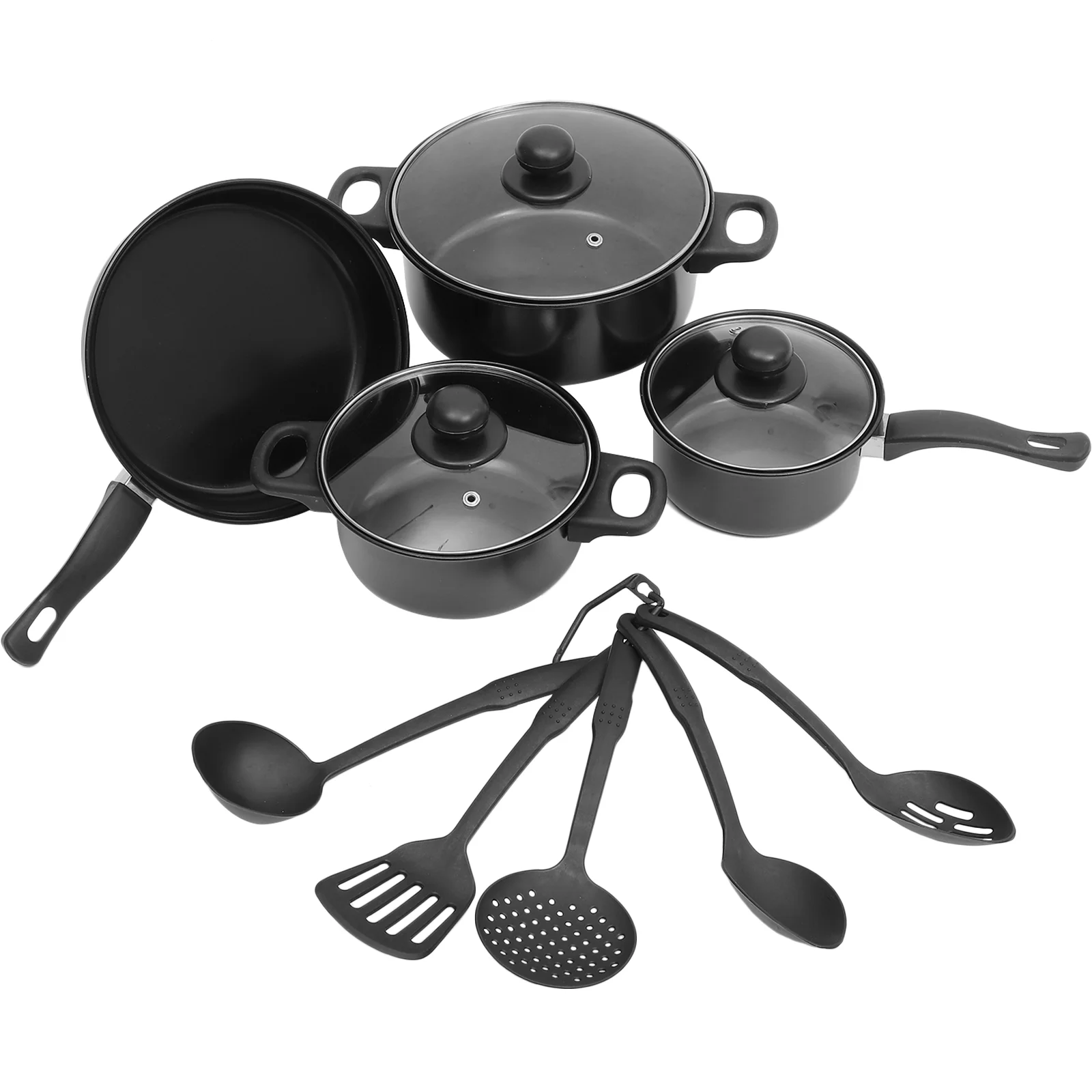 7 Pcs Cooking Pots with Lids Cooktop Flat-bottomed Small Frying Pans Woks Saute And Cast Iron Non Stick Black Refined