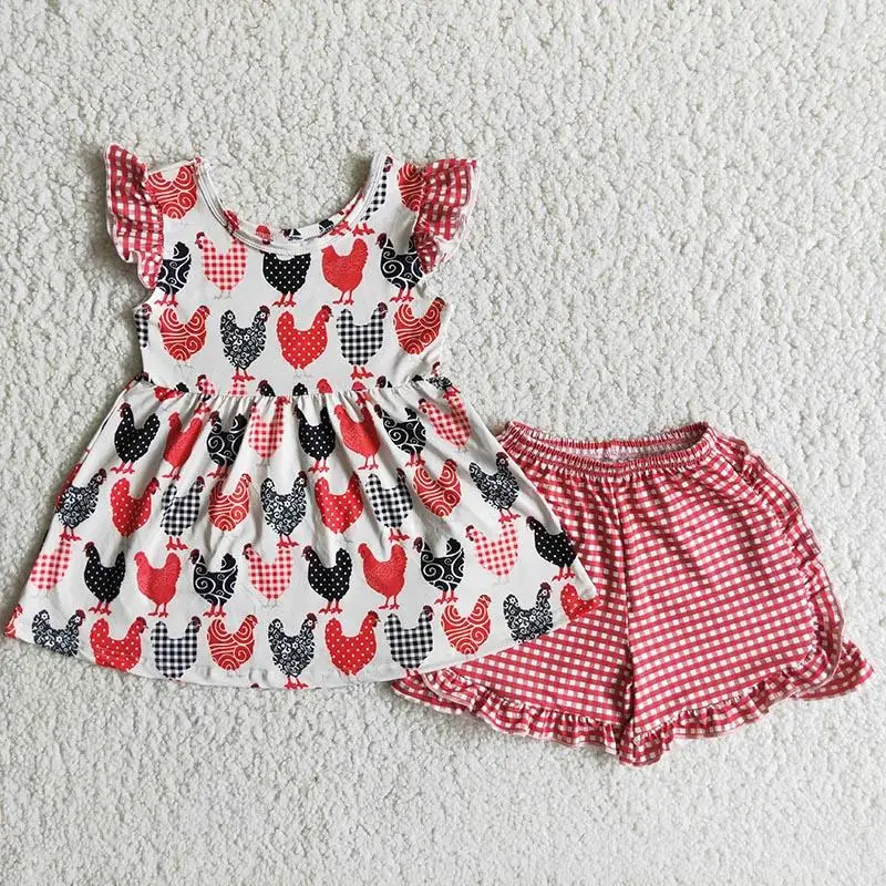

Red Black Chicken Flutter Sleeve Shirt Red Plaid Shorts Baby Girl Clothes