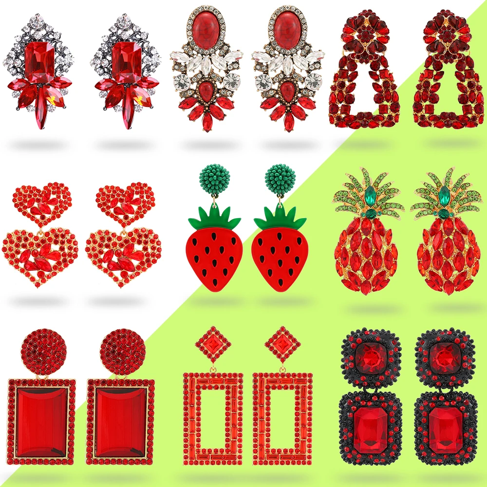 

Luxury Vintage Red Crystal Geometric Big Dangle Drop Earrings For Women 2023 Trendy Chandelier Charm Party Unusual Jewelry Gift