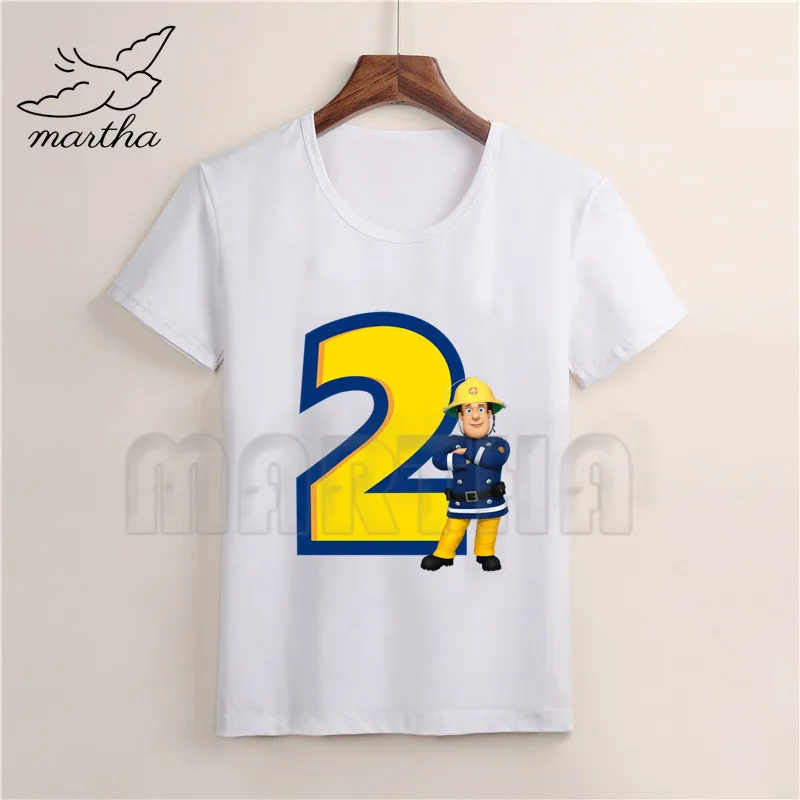 Fireman Sam print T-shirt Birthday Number 1-9 years gift Cartoon Funny White Top Kids Children Party  Short Sleeve Baby Clothes