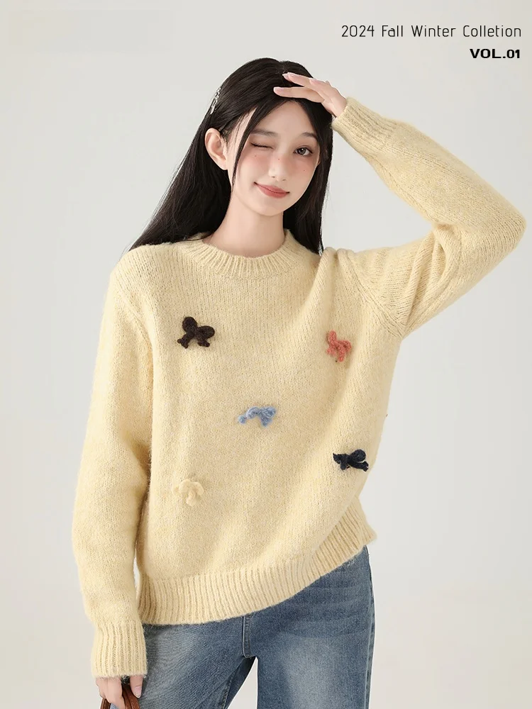 Anouou трехмерный свитер с круглым вырезом и вышивкой банта свободный