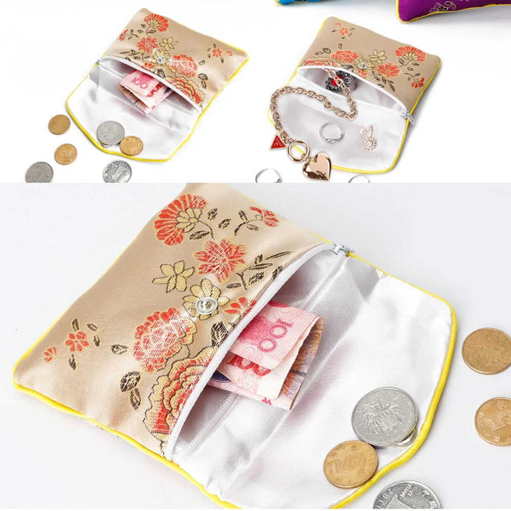 

Hot Sale Chinese Brocade Handmade Silk Embroidery Padded Zipper Small Jewelry Gift Storage Pouch Bag Snap Case Satin Coin Purse