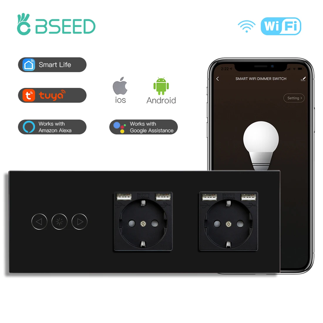 

BSEED Wi-Fi Smart Dimmer Switches Tuya Smart Life Goolgle Home Control Plus Normal Type-c USB EU Socket Стеклянная панель Черный