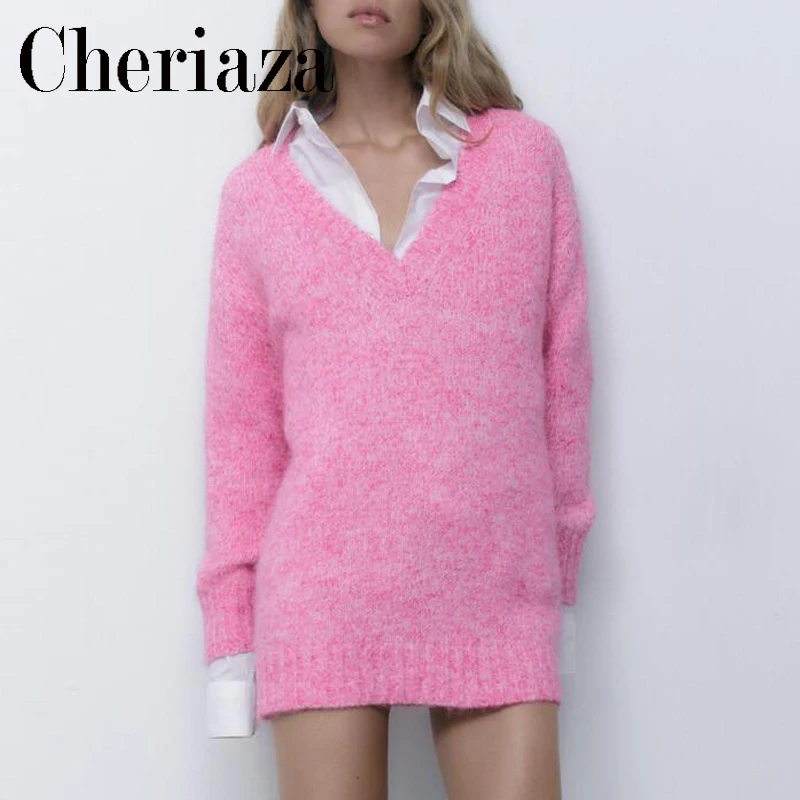 

Cheriaza Autumn Woman Pink V neck Casual Knitted Sweater Dropped Shoulder Long Sleeves Loose Pullover Sweaters Simple Jumper