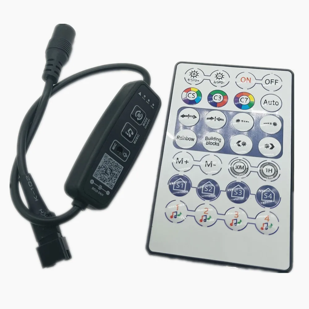 

New WS2812B LED Pixel Controller Bluetooth Music With Mic 28Key Remote For WS2812 SK6812 WS2811 Addressable Strip Light DC5-24V