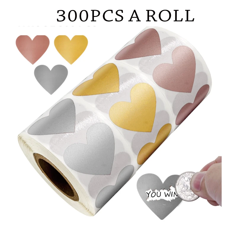 

300 Pcs Heart Shaped Rose Gold Silver Scratch Off Stickers for Custom Party Activity Sticker Clear Stickers Kids Toy Sticker