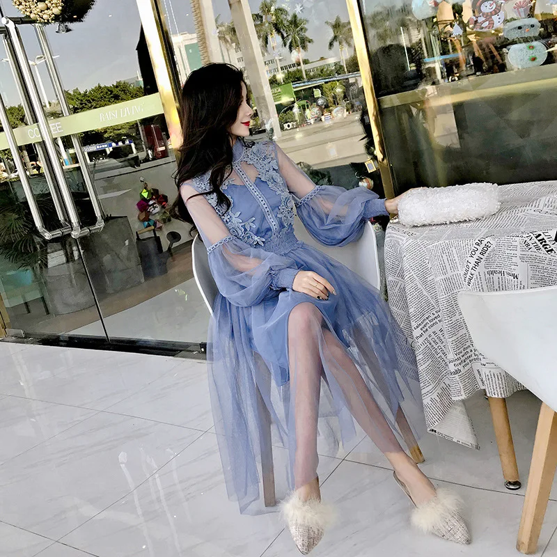 New Arrivals Women Lace Flower Dress Gauze Lantern Sleeve Voile Long Dress Female Retro Hook Princess Dress 2 Piece Set