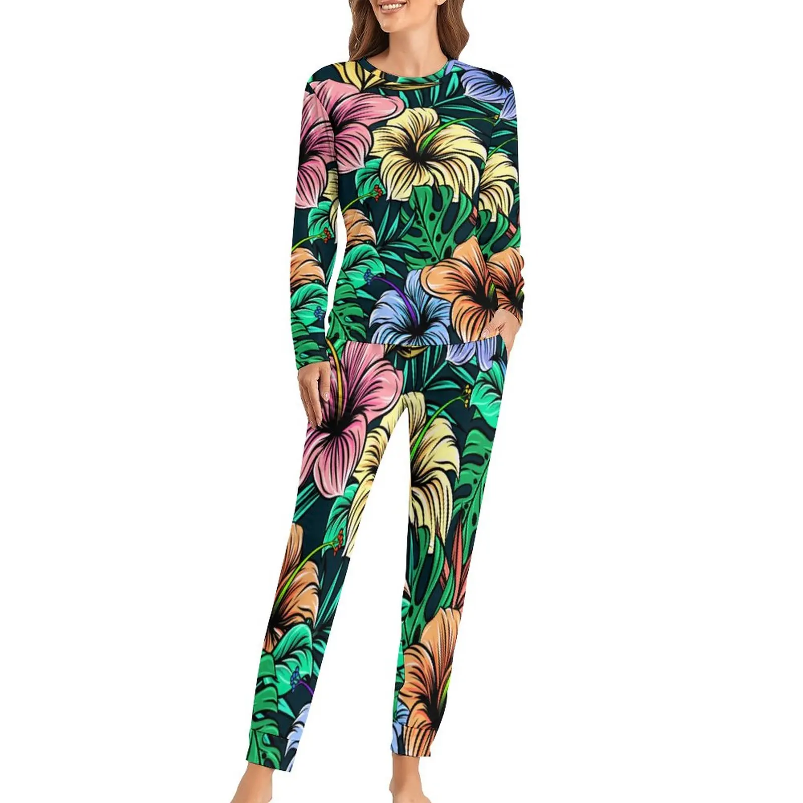 

Palm Leaves Pajamas Women Tropical Florals Print Fashion Home Suit 2 Piece Casual Oversized Pajamas Set
